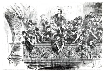 Ein kritisches Publikum zur Frage des Stepptanzes, ca. 1870er